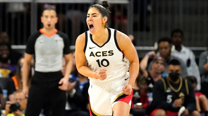 Aces guard Kelsey Plum yells out after scoring during the second half of the WNBA Commissioner’s Cup basketball game.